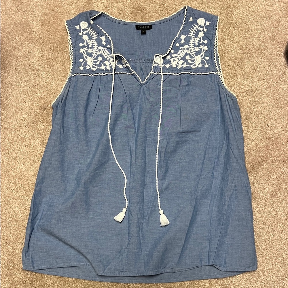 Talbots Blue Top with White Embroidery